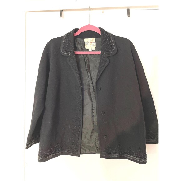 Vintage St. Moritz Beaded 100% Black Wool Jacket Size L 1960s Made in Hong Kong - Picture 1 of 7